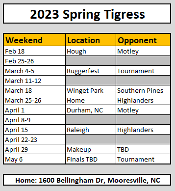 Spring 2023 Tigress Schedule